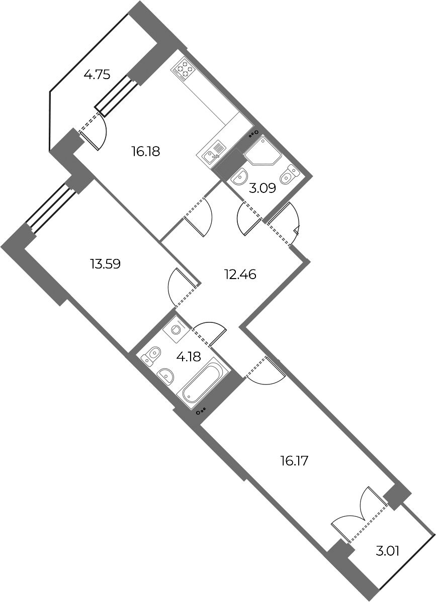 2-комнатная квартира 69.56 м², 13/20 эт., ЖК «Огни Залива»
